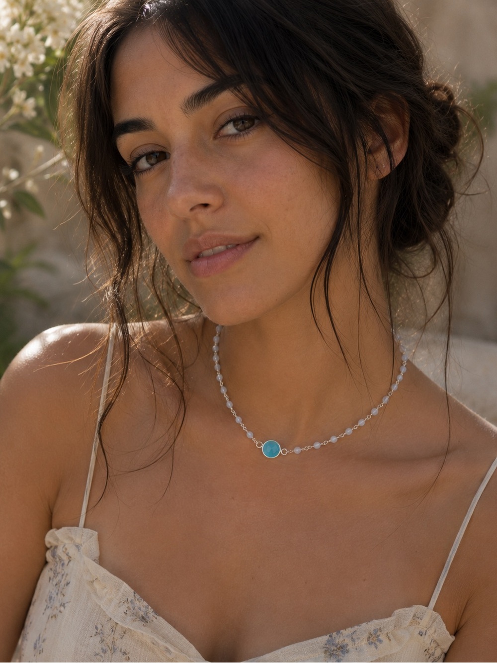 Blue Chalcedony & Rainbow Moonstone Necklace | Sterling Silver Choker